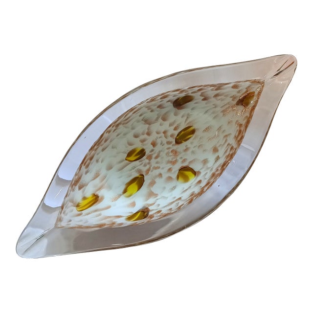 Mid 20th Century Murano Attributed Mid-Century Sommerso & Lattimo Leaf Form Art Glass Centerpiece With Aventurine For Sale