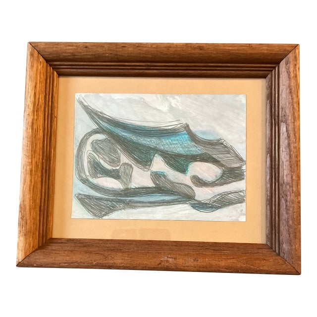 1970’s Vintage Original Abstract Figural Pencil / Watercolor Painting Vintage Frame For Sale