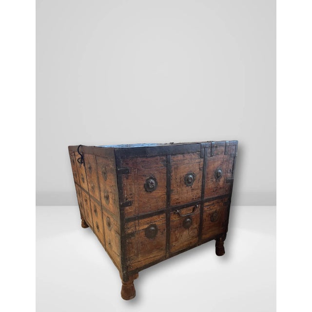 Antique Indian Carved Wood Dowry Trunk With Metal Accents For Sale - Image 4 of 6