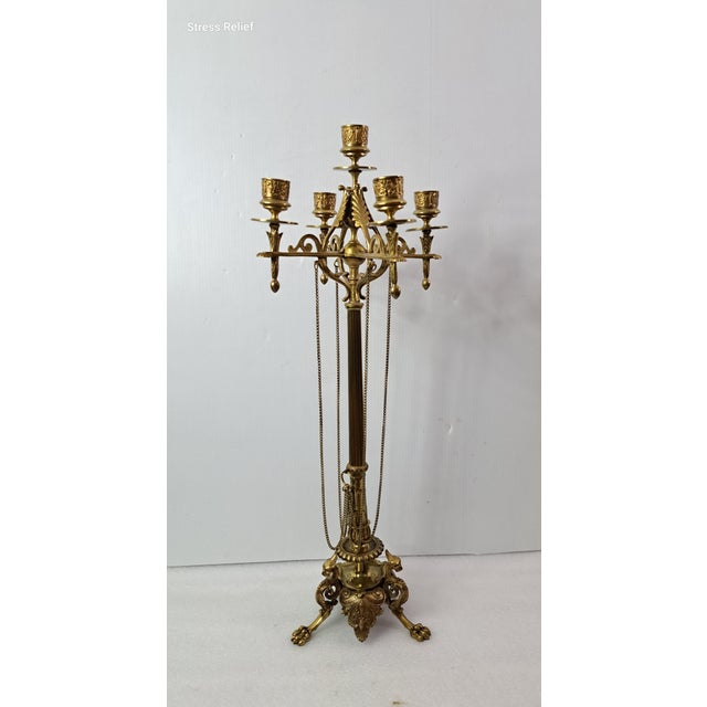 Neoclassical Antique French 5 Light Candelabra Dragon Feet Draped Chains Neoclassical For Sale - Image 3 of 15