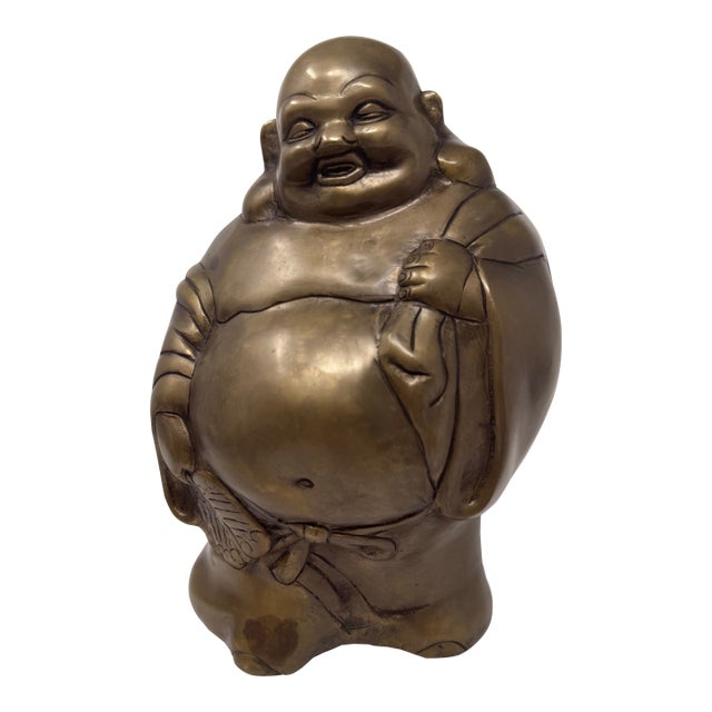 Vintage Cast Brass Budai Laughing Buddha Sculpture For Sale