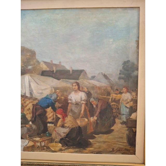 Textile Lajos Szanto (1889-1965) "Market Scene" Original Oil Painting C.1930s For Sale - Image 7 of 12