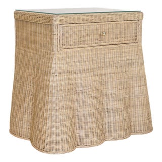 Matthew Izzo Home Giselle One Drawer Scalloped Rattan Rectangular Side Table With Glass Top For Sale