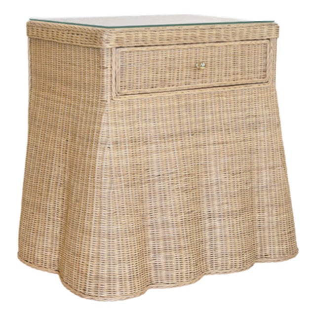 Matthew Izzo Home Giselle One Drawer Scalloped Rattan Rectangular Side Table With Glass Top For Sale