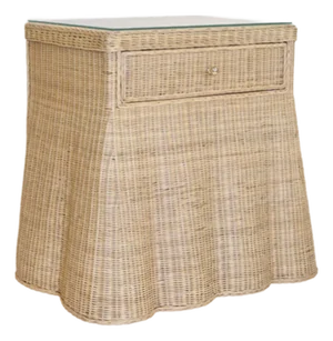Matthew Izzo Home Giselle One Drawer Scalloped Rattan Rectangular Side Table With Glass Top