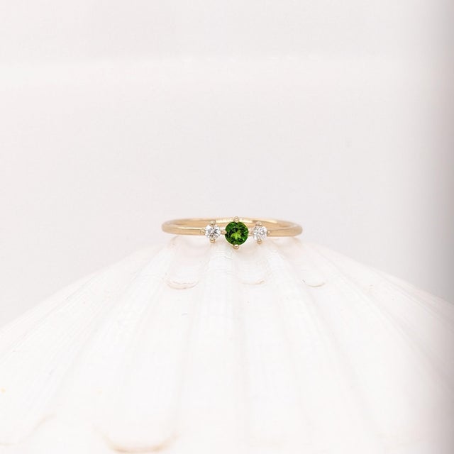 Dainty Tsavorite Ring W Earth Mined Diamonds in Solid 14k Gold | Round 3mm For Sale - Image 4 of 8
