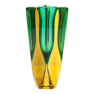 Mid-Century Hand-Blown Murano Glass Triangular Sommerso Citrine & Emerald Vase