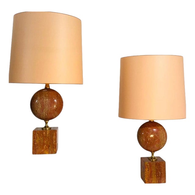 Red Travertine and Brass Lamps from Philippe Barbier, 1970s, Set of 2 For Sale