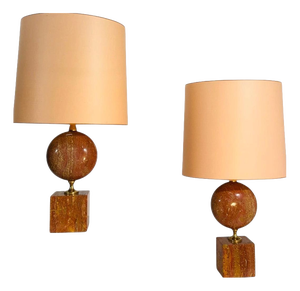 Red Travertine and Brass Lamps from Philippe Barbier, 1970s, Set of 2