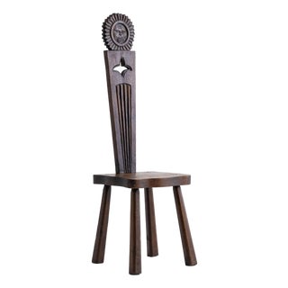 French Brutalist Carved “Sun Face” Stool, France, Circa 1950s For Sale