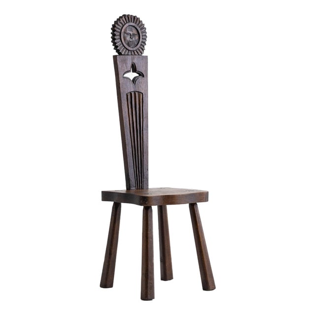 French Brutalist Carved “Sun Face” Stool, France, Circa 1950s For Sale