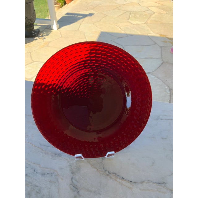 Vintage Textured Pebble Ruby Red Glass Dinner Plates- Set of 15 For Sale In Los Angeles - Image 6 of 12