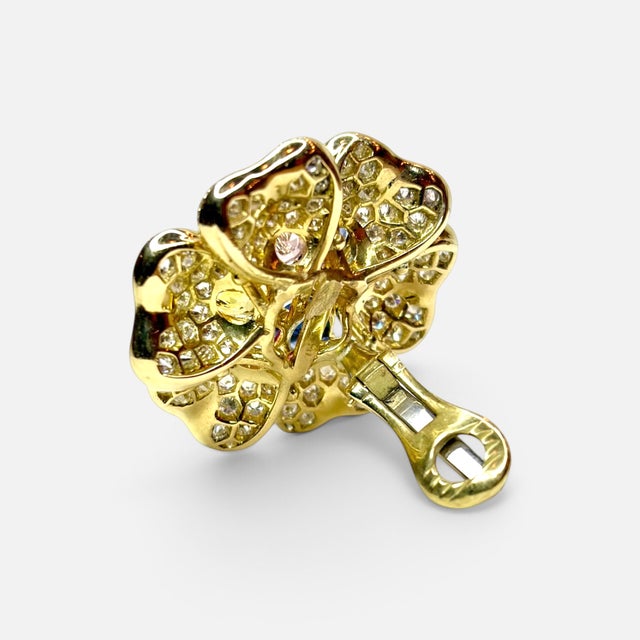 Blue 18k Yellow Gold Diamond & Multicolor Sapphire Flower Earrings by Designer Adler For Sale - Image 8 of 8