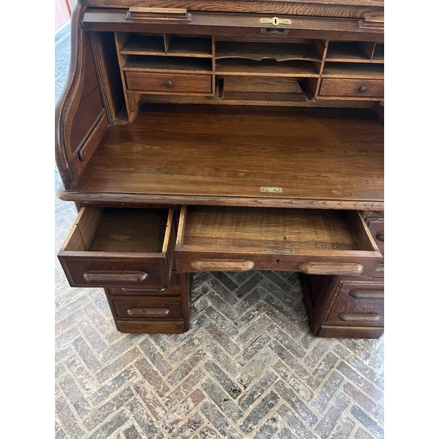 Antique Oak Director's Roll-Top Desk For Sale - Image 6 of 18