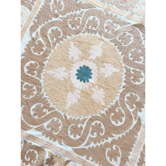 Tan Suzani Embroidered Wall Hanging - Neutral Tan Asian Embroidery 4'2'' X 4'5'' For Sale - Image 8 of 9