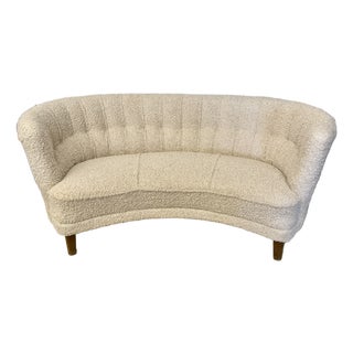 Vintage Mid-Century Danish "Banana" Curved Boucle / Sheepskin Settee For Sale