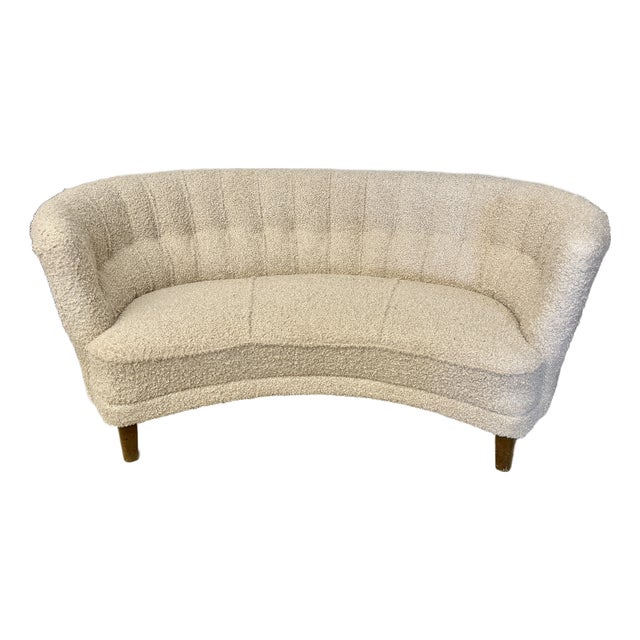 Vintage Mid-Century Danish "Banana" Curved Boucle / Sheepskin Settee For Sale