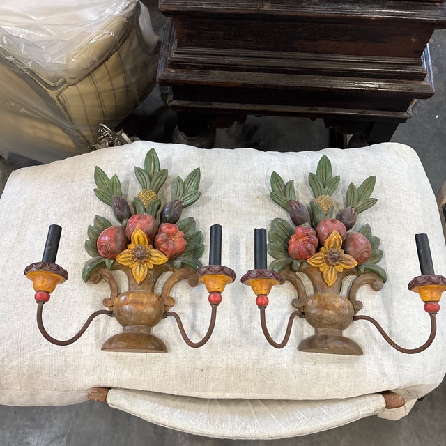 Spanish Pair of Carved Wood Fruit Basket Wall Sconces For Sale - Image 3 of 12