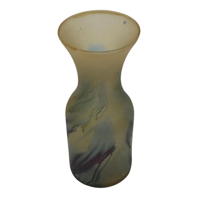 Israeli Originals Vintage Hand Painted Art Nouveau Glass Vase by Reuven, Marked For Sale