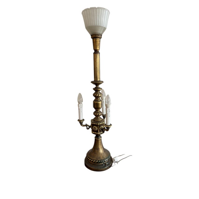 Vintage Brass Torchiere and Candelabra Table Lamp with Green Shades For Sale - Image 5 of 7