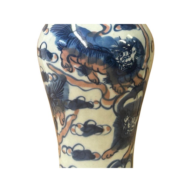 6.5" Blue White Foo Dog Lion Graphic Small Porcelain Baluster Art Vase For Sale - Image 11 of 12