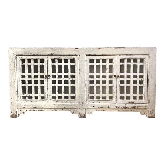 Vintage Worn White Lattice Door Sideboard Credenza For Sale