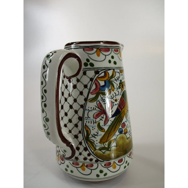 Vintage Portugal Faience Pitcher Hand Painted Bird Decoration, Signed For Sale - Image 4 of 12