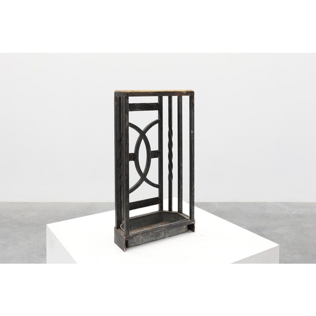 Art Deco Metal Umbrella Stand with Geometric Openwork and Brass Rim, Belgium, 1920s For Sale - Image 12 of 17