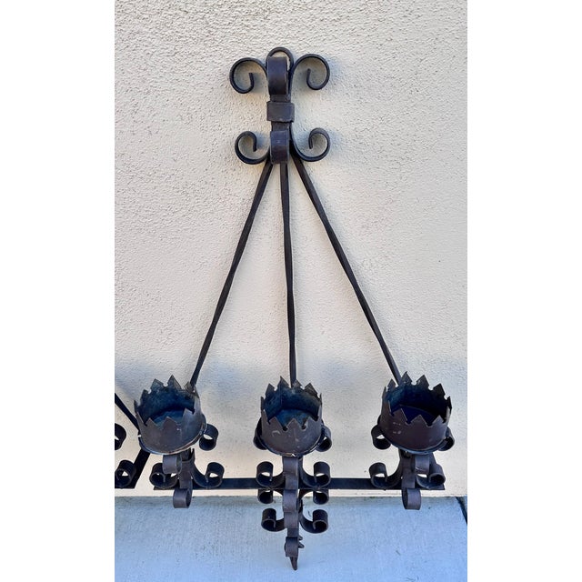 Early 20th Century Hand Forged Wrought Iron Medieval Large Candelabra Spanish Revival Sconce Set For Sale In Palm Springs - Image 6 of 9