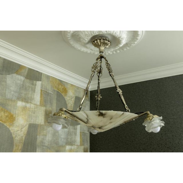 Metal Art Deco French Alabaster and Frosted Glass Four-Light Chandelier, 1920s For Sale - Image 7 of 18