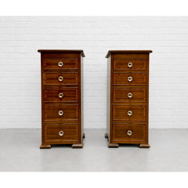 Pair of Federal Style Narrow Mahogany Dressers | 1920's Skinny Nightstands Glass Knobs For Sale - Image 4 of 12