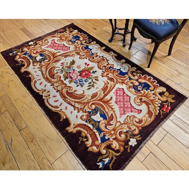 Vintage French Savonnerie Rug, Hand-Knotted Wool, Floral Pattern, Chocolate Brown & Ivory, 4’ X 7' For Sale - Image 9 of 13