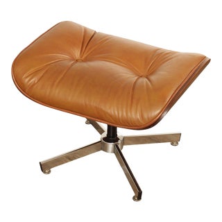 Mid-Century Modern Tufted Brown Leather Footstool For Sale