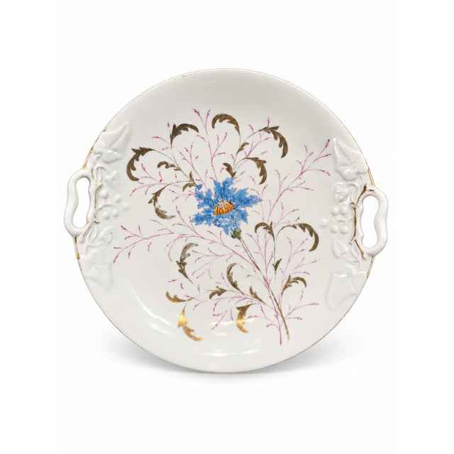 Ceramic Antique 19th Century Continental European Hand-Painted Porcelain Handled Cake Plate - Circa 1880 For Sale - Image 7 of 7