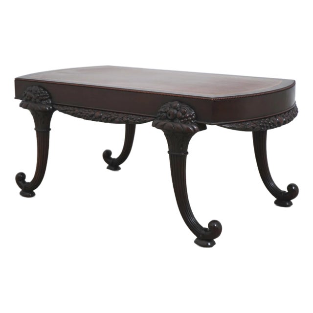 Vintage Leather Top Cornucopia Carved Mahogany Coffee Table For Sale