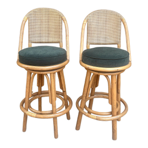 1970's Ficks Reed Style Honey Rattan Swivel Bar Stools - A Pair