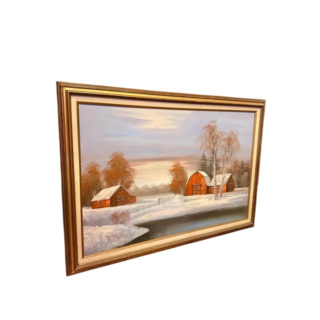 Rustic Original Oil Painting - Winter Farmland Barns - Raymond Original 1980s 90s Extra Large For Sale - Image 3 of 4
