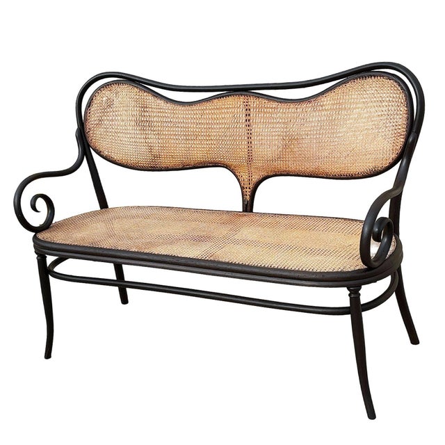 Art Nouveau Antique Vienna Secession Scrolling Bentwood Oak & Cane Settee Bench Attributed to Thonet No 05 For Sale - Image 3 of 7