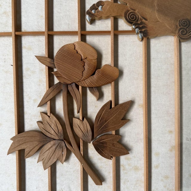 Japanese Wooden Two-Panel Screen with Shishi and Peonies, 1940s For Sale - Image 4 of 18