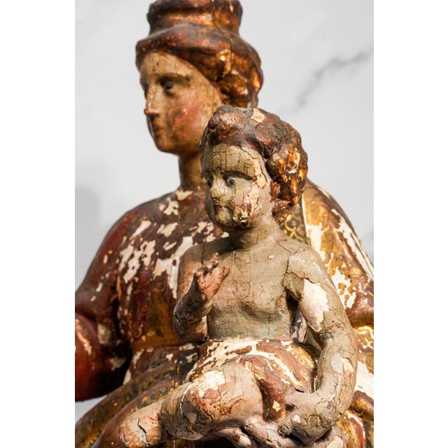 Wood Large Antique 19th Century Mary Jesus Statue Carved Polychrome Wood Religious Sculpture For Sale - Image 7 of 18