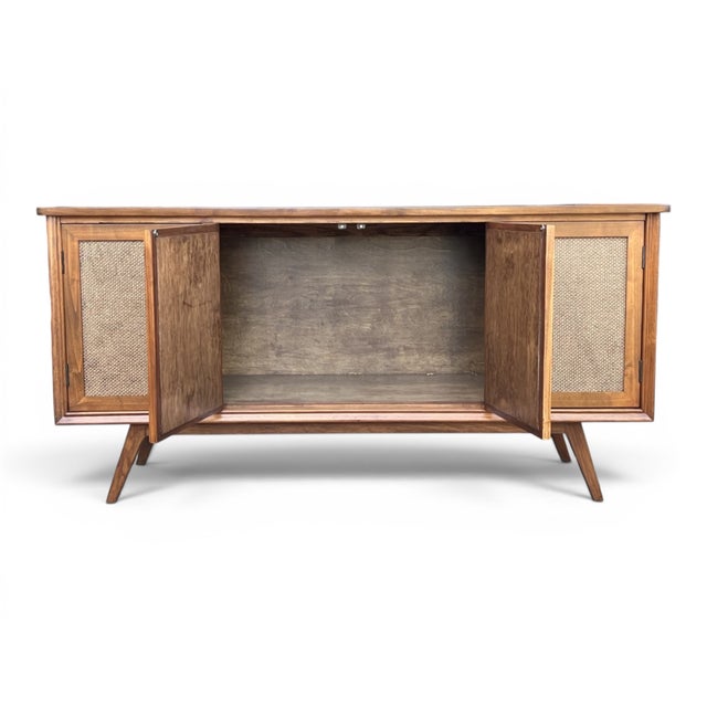 Wood Restored Mid-Century Modern Walnut Media Console With Cane & Tambour Doors For Sale - Image 7 of 11