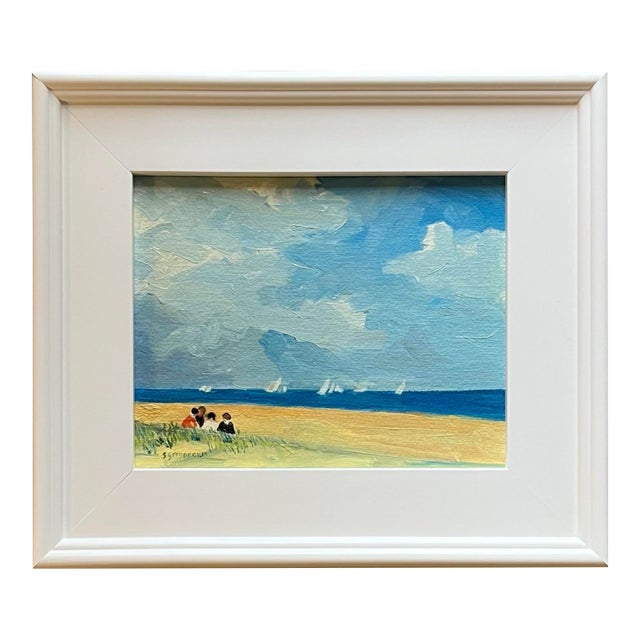 Oil Painting of Children in Conversation at the Seaside Overlooking a Regatta in the Distance. For Sale