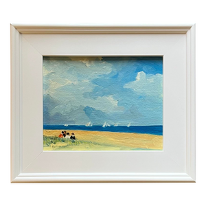 Oil Painting of Children in Conversation at the Seaside Overlooking a Regatta in the Distance.