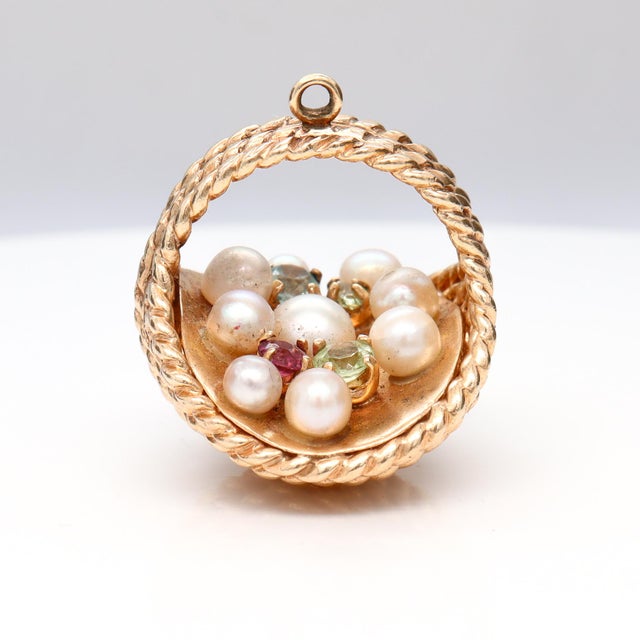 Metal Vintage 14k Yellow Gold, Pearl, and Tourmaline Figural Easter Basket Charm For Sale - Image 7 of 17
