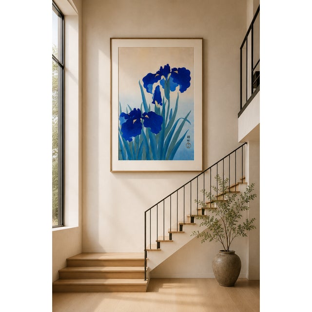 Blue Blue Iris Flowers by Ohara Koson, Japanese Woodblock Print, 24" X 36" For Sale - Image 8 of 12