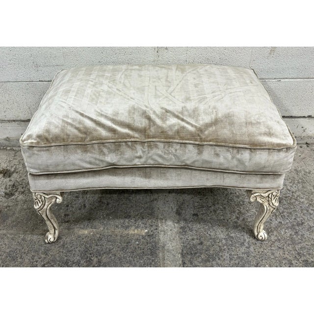 White Louis XV Carved Painted Distressed Striped Upholstered Ottoman For Sale - Image 8 of 9