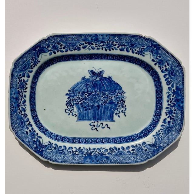 Chinese Export Hand-Painted Blue & White Porcelain Platter With Floral Basket, Circa 1800 For Sale - Image 13 of 13