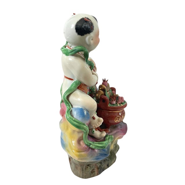 Chinese Vintage Chinese Lucky Boy and Girl Porcelain Hand Painted Statue Figurine For Sale - Image 3 of 8