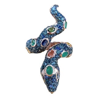 Bochic "Orient" Vintage Emerald & Fancy Sapphires Serpent Ring 18K & Silver For Sale