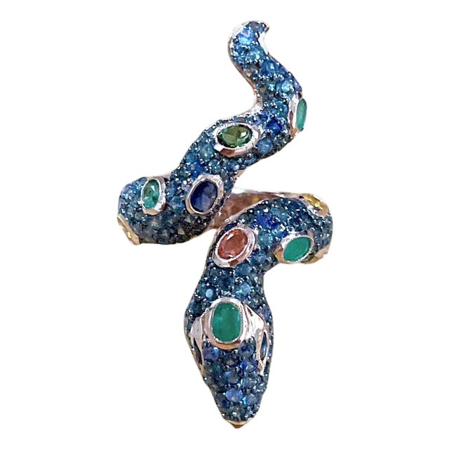 Bochic "Orient" Vintage Emerald & Fancy Sapphires Serpent Ring 18K & Silver For Sale